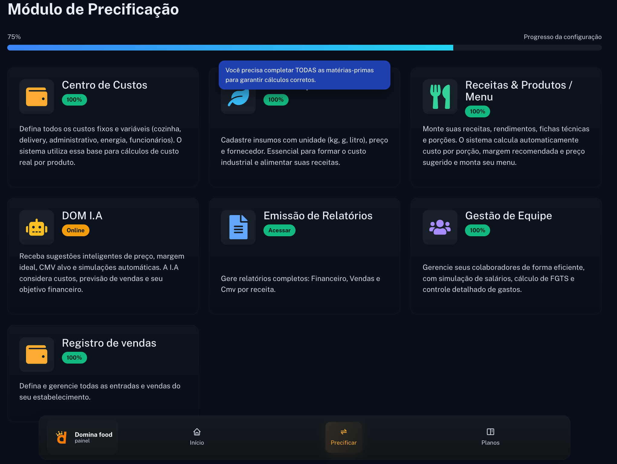 Tela de precificação da Domina Food.