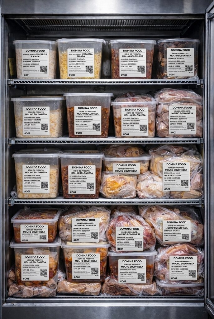Câmara fria organizada com etiquetas padronizadas do Domina Food — rastreabilidade e controle de validade em operação profissional